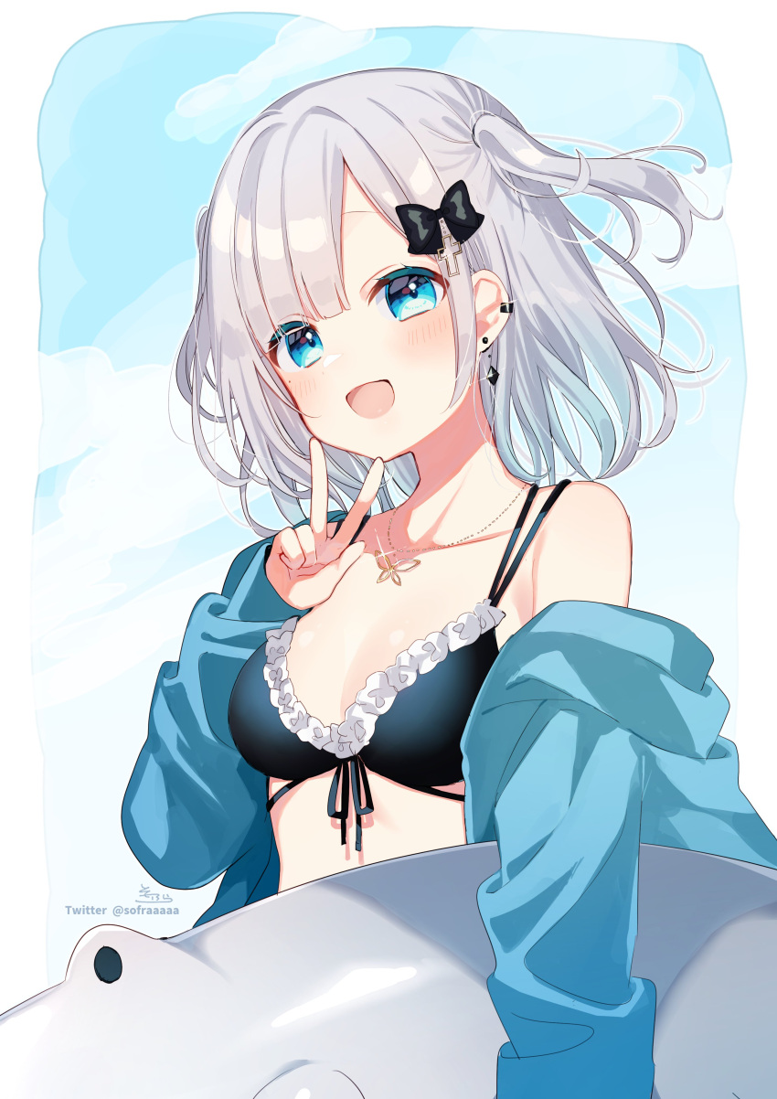 1girl :d absurdres bikini black_bikini black_bow blue_eyes blue_jacket bow breasts butterfly_necklace collarbone commentary_request ear_piercing earrings frilled_bikini frills front-tie_bikini_top front-tie_top grey_hair hair_bow hand_up highres hood hood_down hooded_jacket jacket jewelry kaga_sumire long_sleeves looking_at_viewer medium_breasts off_shoulder open_clothes open_jacket piercing puffy_long_sleeves puffy_sleeves signature sleeves_past_wrists smile sofra solo swimsuit twitter_username two_side_up v virtual_youtuber vspo!