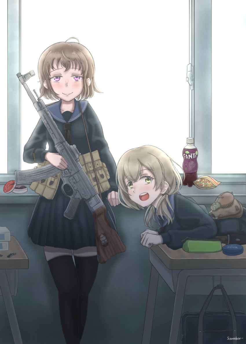 2girls absurdres against_window ammunition_pouch artist_name assault_rifle bag bag_removed black_neckerchief black_serafuku black_skirt black_thighhighs blue_bag blue_sailor_collar book book_stack brown_hair chocolate clenched_hands closed_mouth commentary cosmetics cuff_title desk double-parted_bangs drink fanta feet_out_of_frame food gun hair_over_shoulder hair_tie highres indoors light_brown_hair long_hair looking_at_viewer lying multiple_girls neckerchief nivea on_desk on_stomach open_mouth original pencil_case pink_eyes plastic_bottle pouch product_placement rifle sailor_collar savankov scho-ka-kola school_bag school_desk school_uniform serafuku sheath short_hair skirt sling smile snack soda stg44 sweets tareme teeth thighhighs upper_body upper_teeth_only weapon window windowsill yellow_eyes