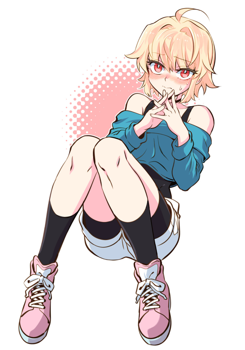 1boy 302 ahoge bike_shorts black_undershirt blonde_hair blue_jacket blush denim denim_shorts floating full_body hair_between_eyes hair_intakes highres interlocked_fingers jacket jeong_sana looking_at_viewer male_focus otoko_no_ko pink_footwear red_eyes shoes shorts shy simple_background sneakers solo strapless suicide_boy sweatdrop undershirt