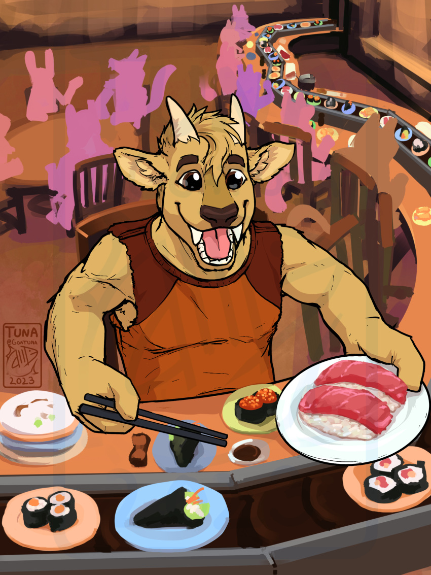 anthro brown_eyes cervine chopsticks conveyor_belt_sushi deer dj_strap fangs food fur goatuna hi_res horn male mammal meat muntjac restaurant sashimi sleeveless_shirt solo sushi teeth yellow_body yellow_fur