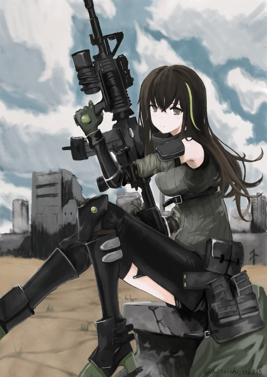 1girl absurdres assault_rifle asymmetrical_legwear belt black_footwear blue_sky breasts brown_eyes brown_hair building cloud commentary_request detached_sleeves foot_out_of_frame full_body girls'_frontline gloves green_hair green_sweater gun hair_between_eyes highres holding holding_weapon large_breasts long_hair looking_at_viewer m4_carbine m4a1_(girls'_frontline) m4a1_(mod3)_(girls'_frontline) magazine_(weapon) multicolored_hair nisoichi outdoors pouch rifle sitting sky sleeveless sleeveless_sweater smile solo streaked_hair sweater twitter_username vertical_foregrip weapon