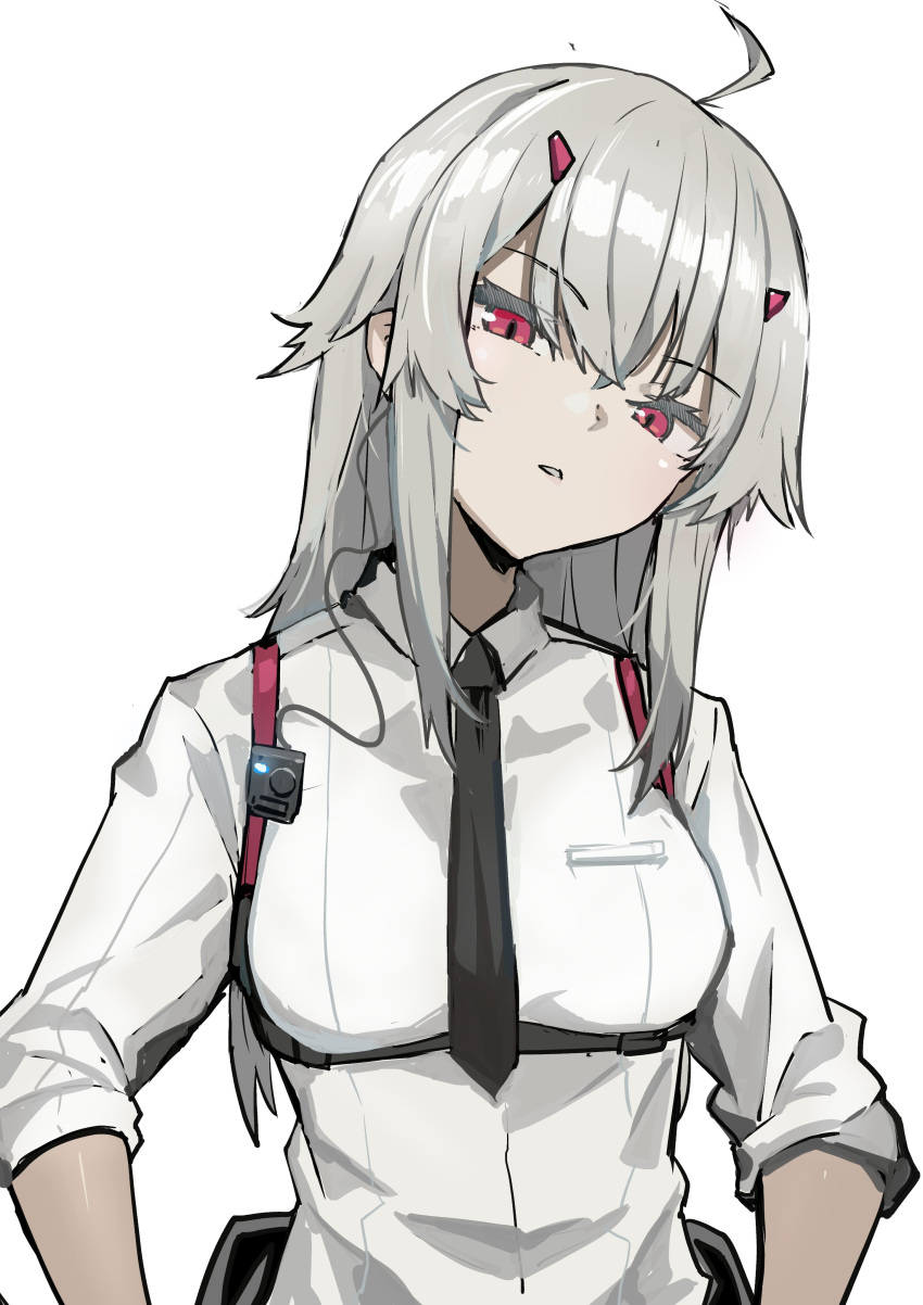 1girl absurdres ahoge character_request copyright_request earpiece grey_hair highres horns las91214 long_hair looking_at_viewer necktie radio red_eyes red_horns shirt sleeves_rolled_up solo white_background white_shirt wire