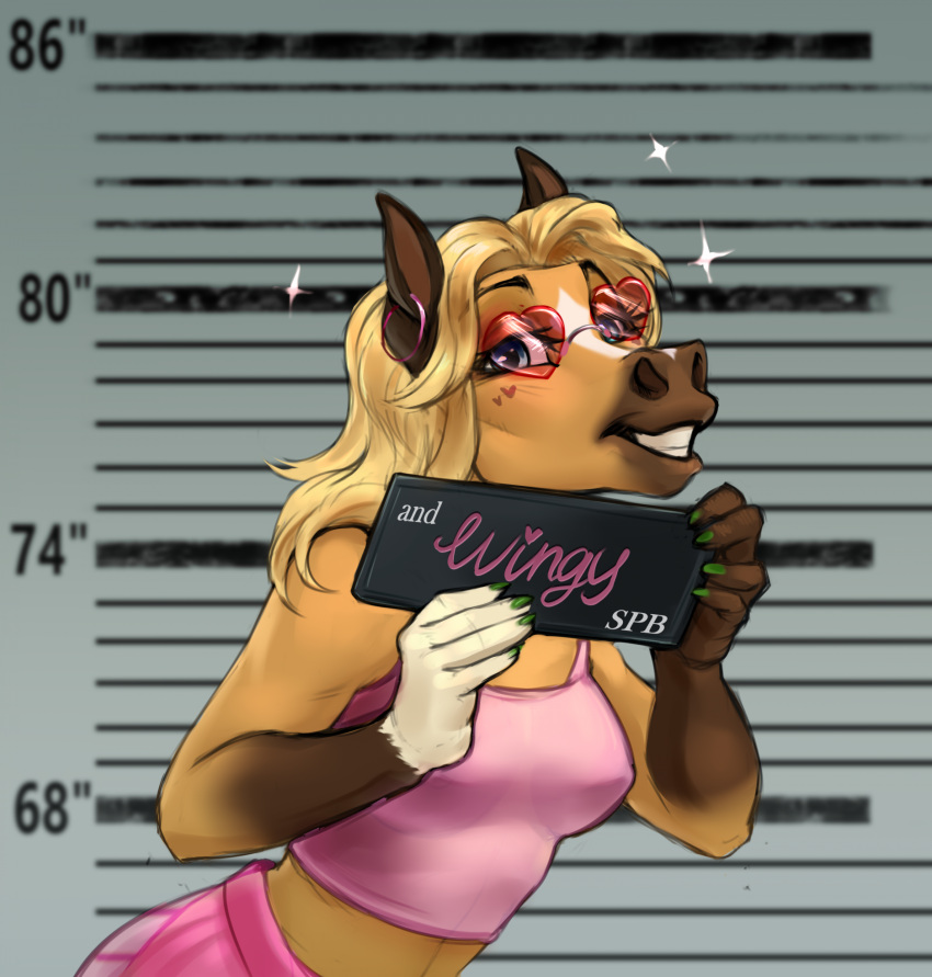 5_fingers anthro barbie_and_ken_mugshot_meme blonde_hair blue_eyes breasts clothed clothing digital_media_(artwork) english_text equid equine female fingers fur golden_wing hair hi_res holding_object jail_placard looking_at_viewer mammal mugshot number open_mouth pink_clothing placard portrait sign simple_background smile solo standing text tgt1512 topwear