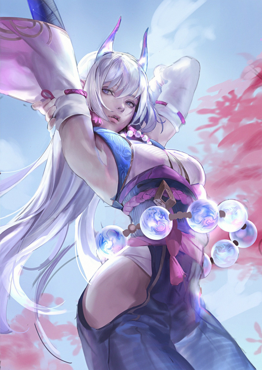 1girl absurdres bead_belt bead_necklace beads breasts cloud day detached_sleeves earrings grey_kimono highres horns japanese_clothes jewelry kassian_art kimono league_of_legends long_hair medium_breasts necklace official_alternate_costume outdoors parted_lips rope_belt sky solo spirit_blossom_(league_of_legends) spirit_blossom_syndra syndra tassel tassel_earrings white_hair wide_sleeves