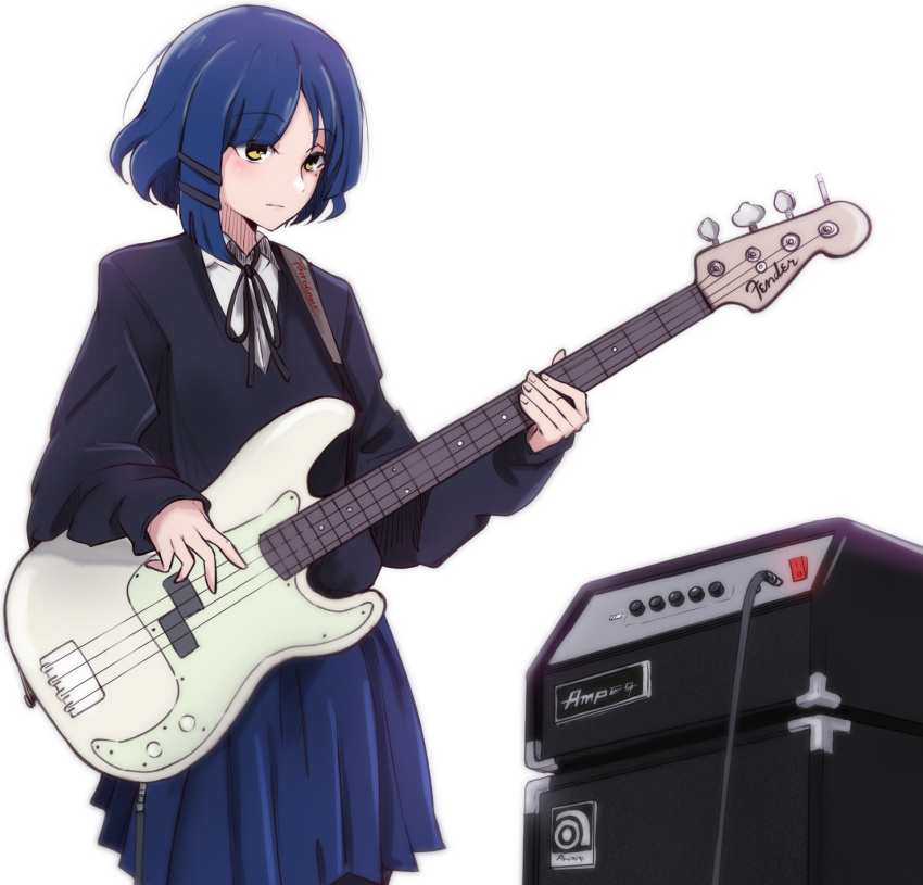 1girl bass_guitar blue_hair blush bocchi_the_rock! fender_precision_bass highres instrument long_sleeves mole mole_under_eye music playing_instrument postnoir school_uniform shimokitazawa_high_school_uniform short_hair yamada_ryou yellow_eyes