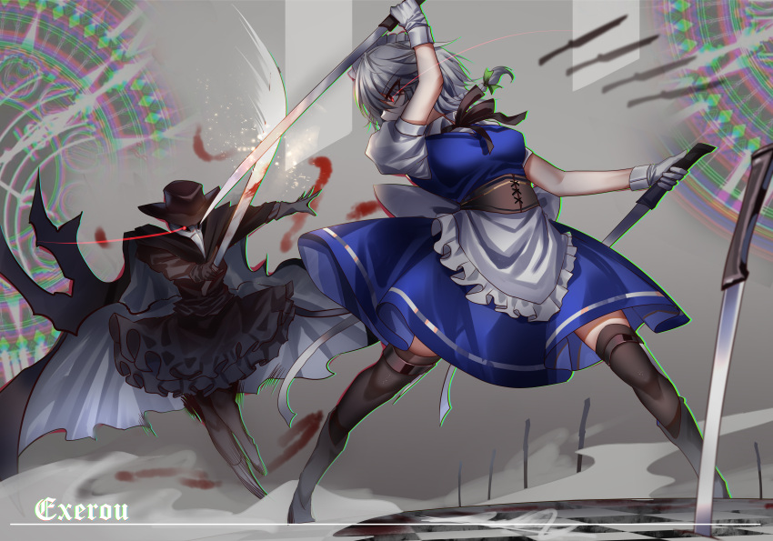 1girl 1other absurdres black_cape black_headwear black_thighhighs blue_dress cape commentary dress gloves glowing glowing_eye grey_hair highres holding holding_knife izayoi_sakuya jack_the_ripper knife maid plague_doctor_mask red_eyes short_sleeves signature standing thighhighs top-exerou touhou