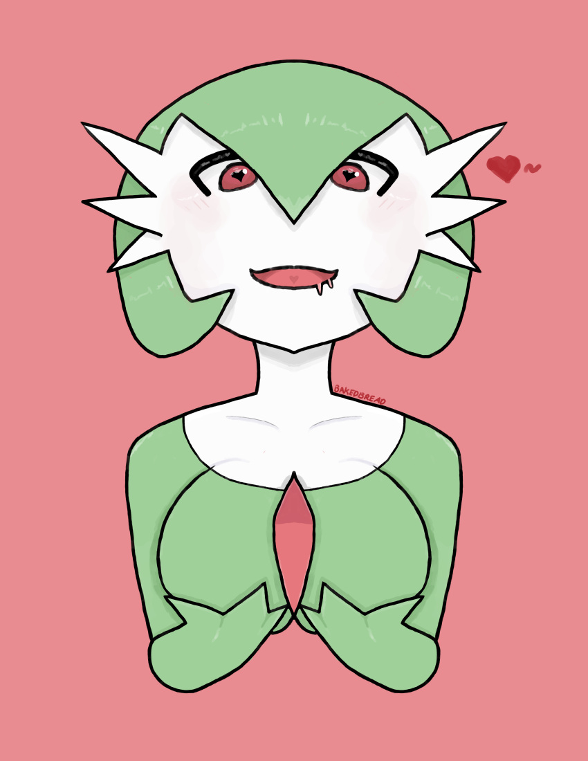 &lt;3 &lt;3_eyes absurd_res bakedbread blush bodily_fluids breasts chest_spike clothed clothing digital_drawing_(artwork) digital_media_(artwork) drooling female hair heart_reaction hi_res holding_breast humanoid invalid_tag looking_at_viewer nintendo open_mouth pokemon pokemon_(species) red_eyes saliva shaded short_hair simple_background smile solo spike_(disambiguation) spikes spikes_(anatomy)