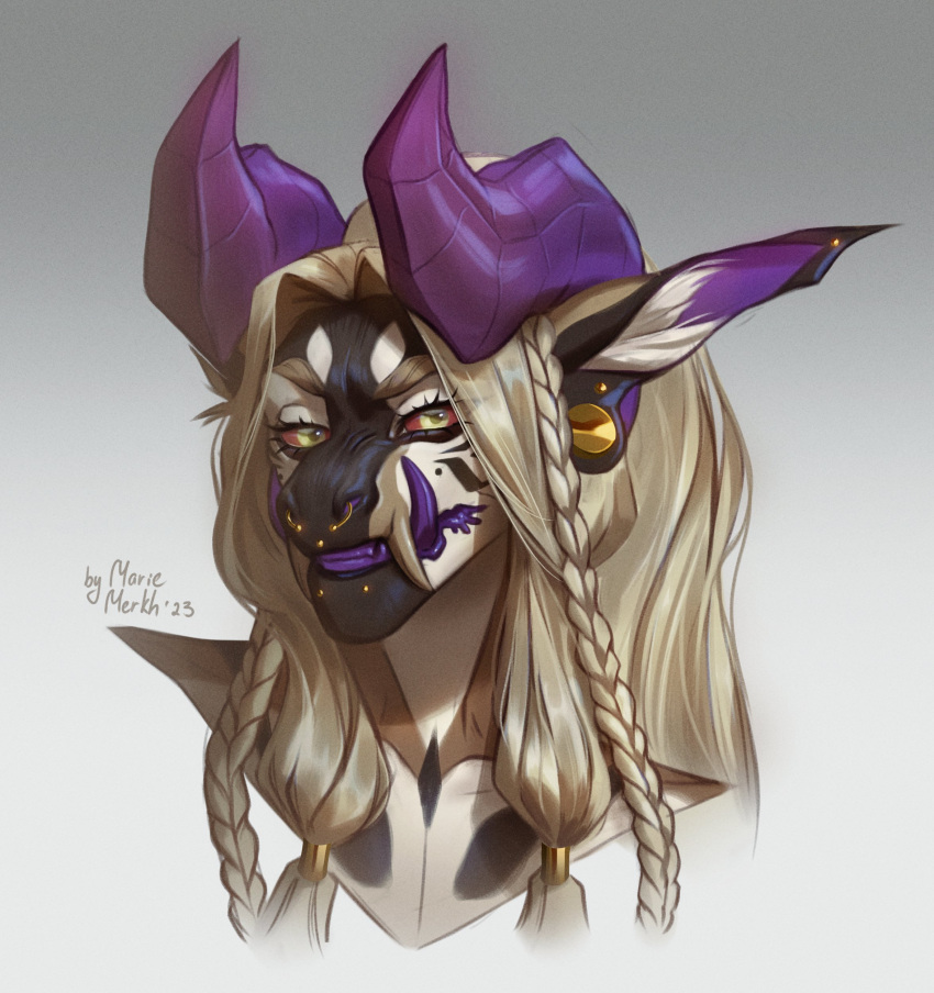 absurd_res anthro black_body blonde_hair bust_portrait ear_piercing ear_stud eyelashes facial_piercing female gauged_ear gold_piercing hair hi_res horn looking_at_viewer marie_merkh nose_piercing piercing portrait purple_horn purple_inner_ear purple_teeth red_sclera septum_piercing solo white_body yellow_eyes