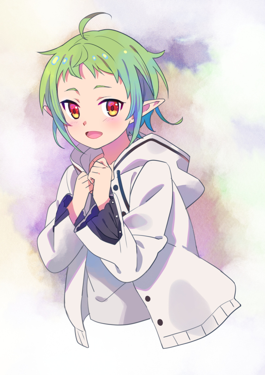 1girl :d ahoge elf green_hair hands_up highres hood hooded_jacket jacket looking_at_viewer mushoku_tensei open_mouth pointy_ears red_eyes shati short_hair smile solo sylphiette_(mushoku_tensei) white_jacket