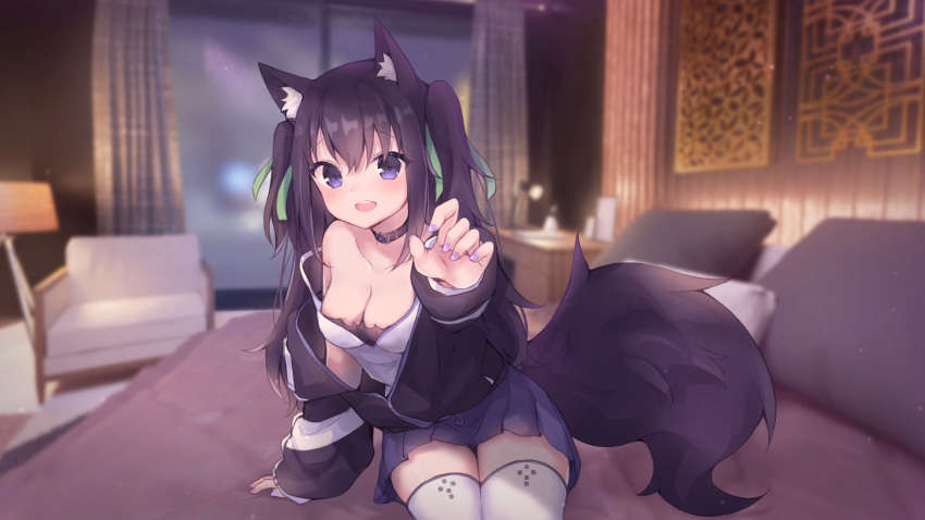 1girl :d animal_ear_fluff animal_ears arm_at_side arm_support arm_up bed black_choker black_hair black_jacket blue_eyes blue_skirt blurry blurry_background breasts camisole choker cleavage collarbone cowboy_shot curtains dog_ears dog_tail eyelashes fluffy green_ribbon guild_cq hair_between_eyes hair_ribbon highres indoors jacket leaning_to_the_side legs_together light_blush long_hair long_sleeves looking_at_viewer maka_neko medium_breasts miniskirt multicolored_clothes multicolored_hair multicolored_jacket nail_polish off_shoulder on_bed open_clothes open_jacket open_mouth outstretched_arm partially_unzipped pillow pleated_skirt purple_nails quon_tama raised_eyebrows ribbon sidelocks single_bare_shoulder sitting skirt sleeves_past_wrists smile solo strap_slip tail teeth thighhighs two-tone_hair upper_teeth_only virtual_youtuber white_camisole white_thighhighs window zettai_ryouiki