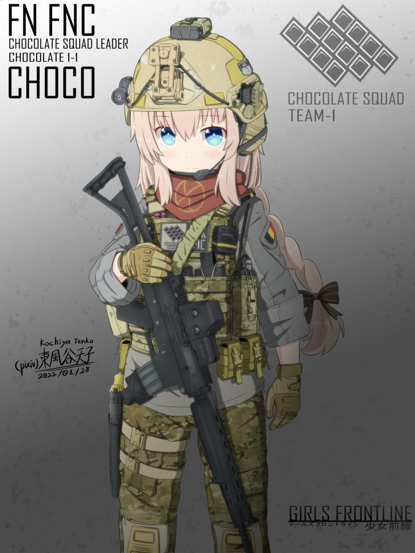 1girl absurdres assault_rifle belgian_flag blonde_hair blue_eyes fn_fnc fnc_(girls'_frontline) girls'_frontline gun headset highres holding holding_gun holding_weapon kochiya_tenko military rifle tactical_clothes weapon