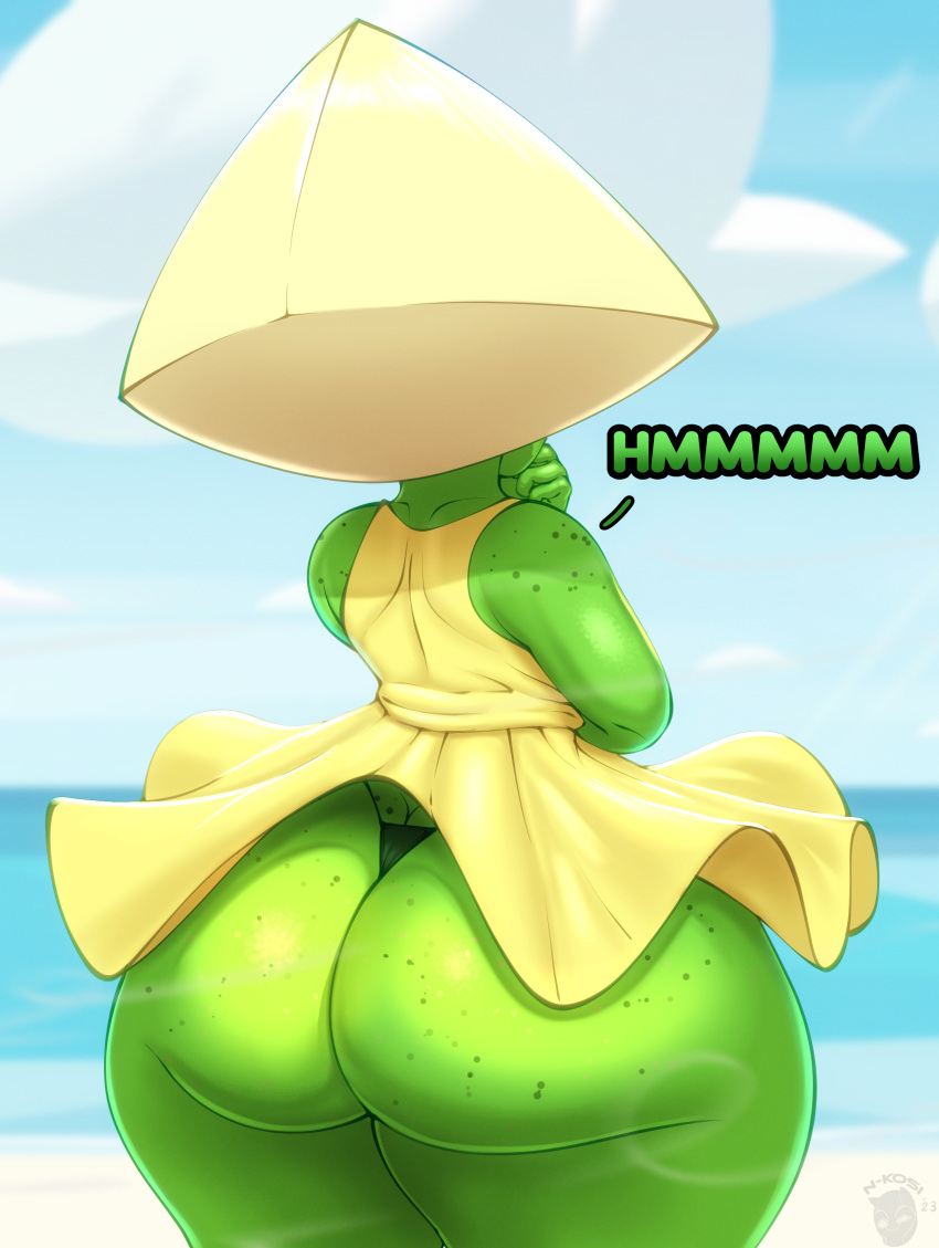 absurd_res beach big_butt butt cartoon_network clothing dress female freckles freckles_on_butt gem_(species) green_body green_skin hi_res huge_butt humanoid looking_away n-kosi not_furry peridot_(steven_universe) sea seaside sky solo steven_universe sundress thick_thighs thong underwear water wide_hips