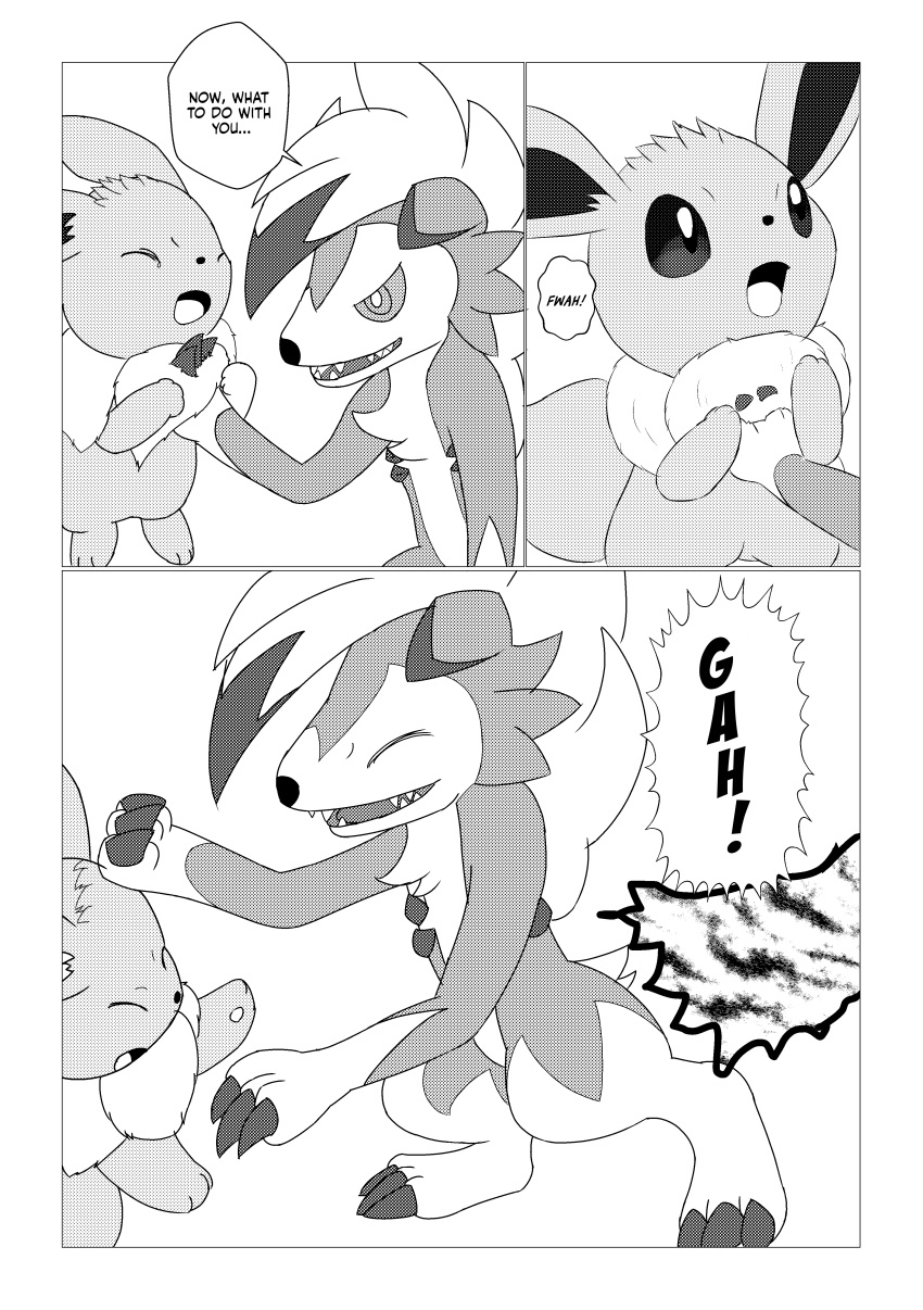 absurd_res ambiguous_gender attack black_and_white comic dialogue dipstick_tail dokuase duo eevee english_text feral fur generation_1_pokemon generation_7_pokemon greyscale hard_translated hi_res lycanroc markings midnight_lycanroc monochrome multicolored_body multicolored_fur neck_tuft nintendo pointy_speech_bubble pokemon pokemon_(species) scared simple_background speech_bubble standing tail tail_markings text throat_grab translated tuft two_tone_body two_tone_fur white_background