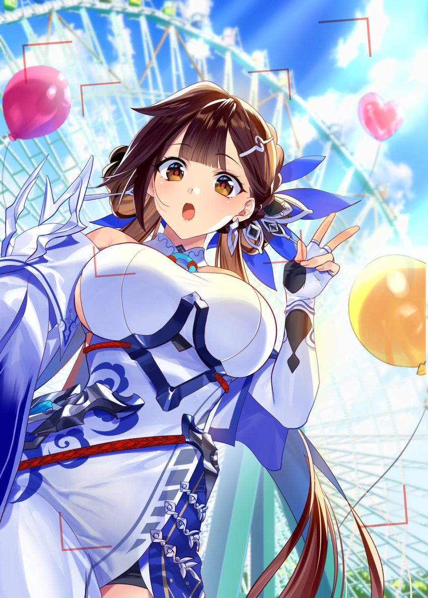 1girl :o amusement_park balloon blue_sky breasts brown_eyes brown_hair earrings elbow_gloves ferris_wheel fingerless_gloves gloves hair_ornament highres honkai_(series) honkai_impact_3rd jewelry large_breasts li_sushang li_sushang_(jade_knight) long_hair looking_at_viewer murakami_yuichi open_mouth outdoors second-party_source selfie sky solo twintails underboob v very_long_hair white_gloves