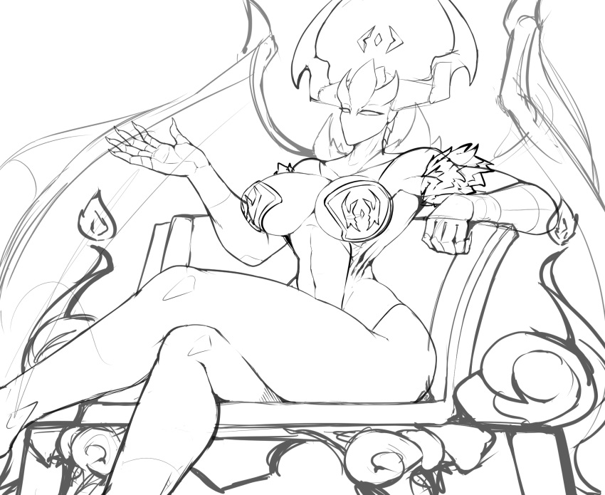 2_horns 5_fingers arm_spikes armor big_breasts biped bottomless breasts chair claws cleavage clothed clothing cross-hatching crossed_legs demon demon_humanoid empty_eyes eyelashes eyeliner female fingers fire front_view furniture hatching_(art) head_spikes hi_res horn humanoid line_art looking_at_viewer low-angle_view makeup membrane_(anatomy) membranous_wings midriff mostly_nude nails navel not_furry on_chair persephone_(runawaystride) portrait pose raised_hand runawaystride shaded sharp_nails shoulder_spikes simple_background sitting sitting_on_chair skimpy_armor solo spikes spikes_(anatomy) symbol thick_thighs three-quarter_portrait topwear white_background wide_hips wing_claws wings