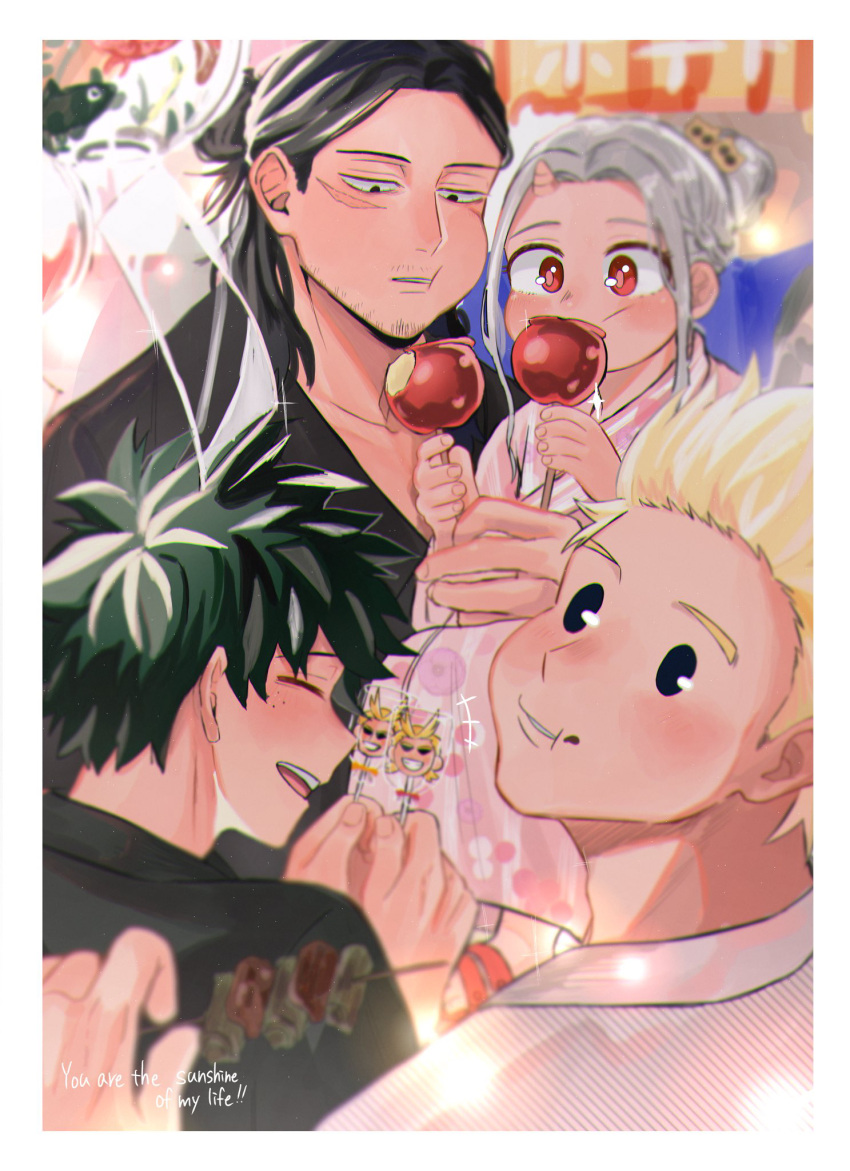 1girl 3boys all_might black_eyes black_hair blonde_hair boku_no_hero_academia candy collarbone eraser_head_(boku_no_hero_academia) eri_(boku_no_hero_academia) facial_hair festival fingernails food food_on_face freckles goatee green_hair grey_hair highres holding holding_candy holding_food holding_lollipop holding_skewer horns japanese_clothes lollipop long_hair looking_down midoriya_izuku multiple_boys mustache_stubble oni_horns red_eyes scar scar_on_face short_hair skewer sparse_stubble togata_mirio ton_(ton19130318)