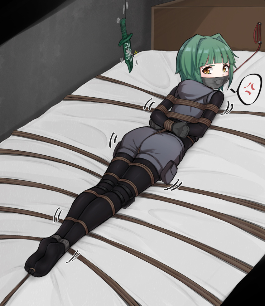 1girl anger_vein ansatsu_kyoushitsu arms_behind_back ass bdsm bondage bondage_mittens bound bound_wrists brown_eyes commentary_request feet gag green_hair grey_shorts highres improvised_gag kayano_kaede knife leash legs legwear_under_shorts mushi_(insect_3) pouch shibari short_hair short_shorts shorts soles solo spoken_anger_vein tape tape_gag toes