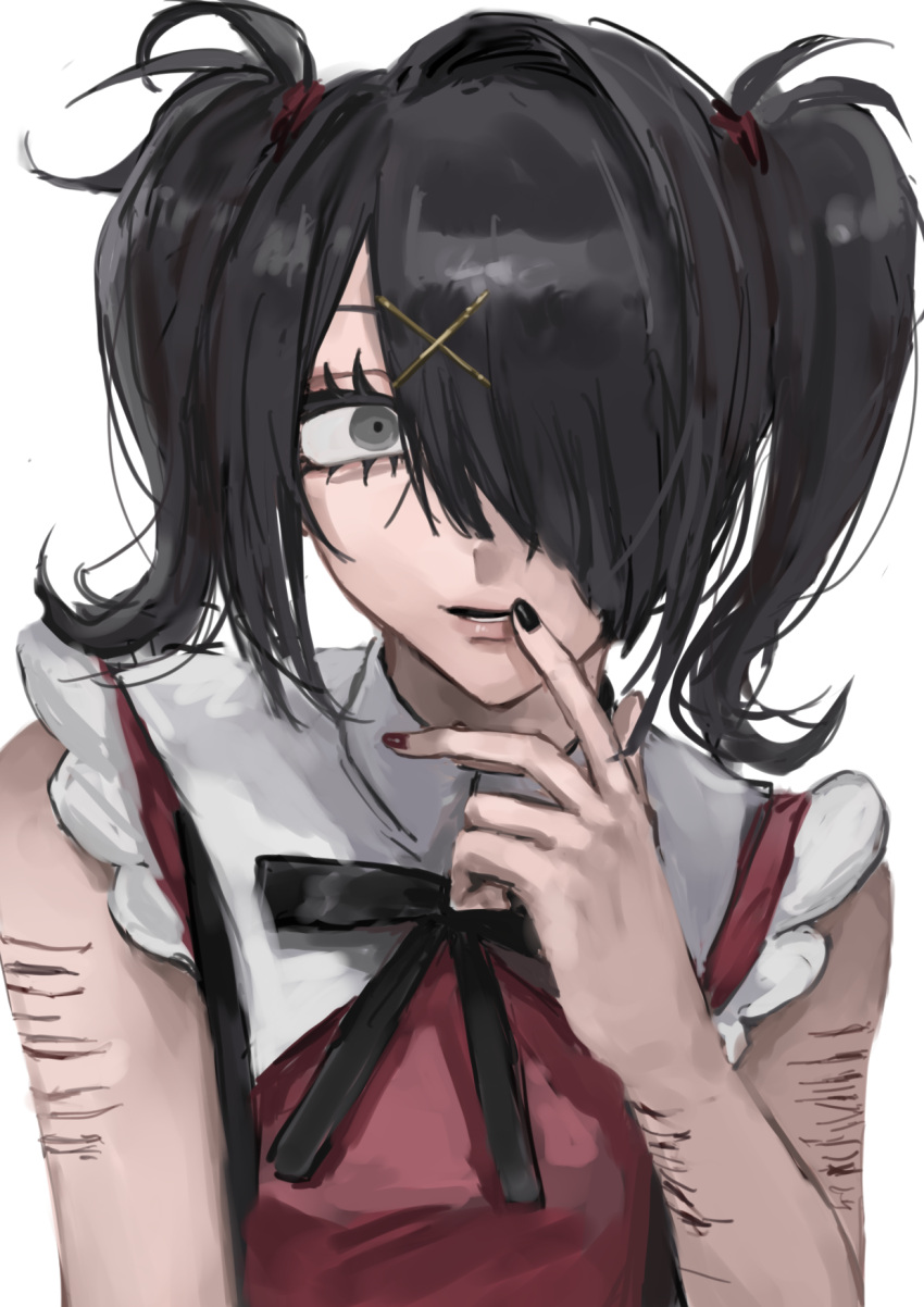 1girl ame-chan_(needy_girl_overdose) black_hair black_nails black_ribbon collared_shirt cuts grey_eyes hair_ornament hair_over_one_eye hair_tie hairclip hand_to_own_mouth hand_up highres injury looking_at_viewer multicolored_nails muted_color nail_polish neck_ribbon needy_girl_overdose parted_lips red_nails red_shirt ribbon sanmanako scar scar_on_arm self-harm self-harm_scar shirt simple_background solo twintails upper_body white_background wrist_cutting x_hair_ornament