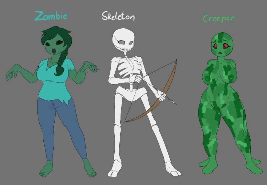anthro big_breasts blackbetty breasts clothed clothing creeper_(minecraft) female genitals group hair looking_at_viewer microsoft minecraft mojang nipples not_furry nude pussy simple_background skeleton_(minecraft) smile text thick_thighs trio xbox_game_studios zombie_(minecraft)