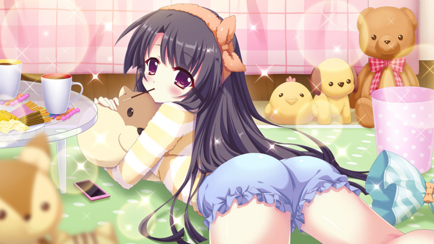 1girl ass black_hair blue_shorts blurry blurry_foreground bow bowtie cellphone coaster cracker cup dot_nose film_grain food food_in_mouth frilled_shorts frills from_behind game_cg glass_table hairband ichikishima_mizuha izumi_tsubasu lens_flare long_hair looking_at_viewer looking_back lying non-web_source object_hug official_art on_floor on_stomach phone plaid plaid_bow plaid_bowtie pocky_in_mouth polka_dot purple_eyes re:stage! red_bow red_bowtie red_hairband rug short_shorts shorts smartphone solo sparkle straight_hair striped striped_sweater stuffed_animal stuffed_toy sweater table teddy_bear thighs trash_can two-tone_sweater white_sweater yellow_sweater