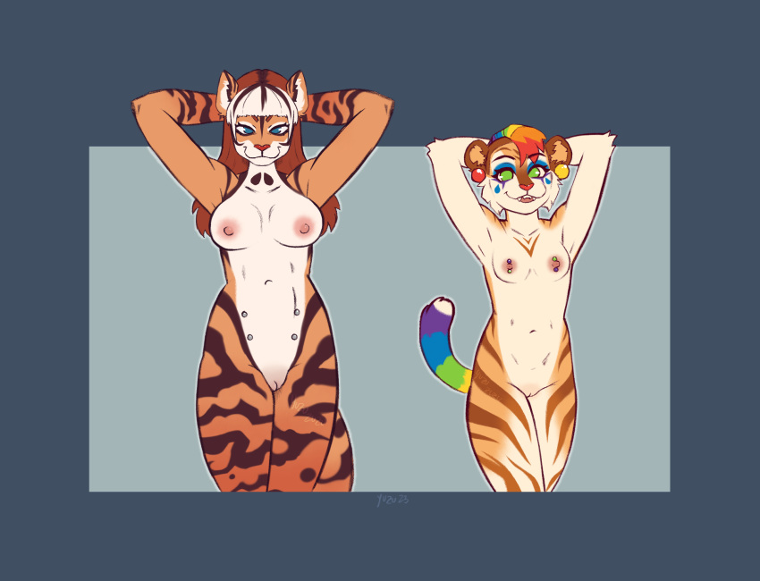 anthro breasts dermal_piercing duo felid female hands_behind_head hi_res mammal nipple_piercing nipples nude pantherine piercing pietra_(yuzu_zuzu) piper_(yuzu_zuzu) rainbow raised_arms slim small_breasts tiger yuzu_zuzu