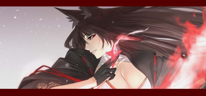 1girl absurdres akagi_(azur_lane) akizuki_(17769498) animal_ears azur_lane black_gloves black_kimono breasts brown_hair cleavage cleavage_cutout clothing_cutout eyeshadow fire fox_ears fox_girl from_side gloves grin highres japanese_clothes kimono large_breasts long_hair looking_to_the_side makeup medium_breasts paper_airplane print_kimono red_eyes red_eyeshadow slit_pupils smile solo upper_body very_long_hair