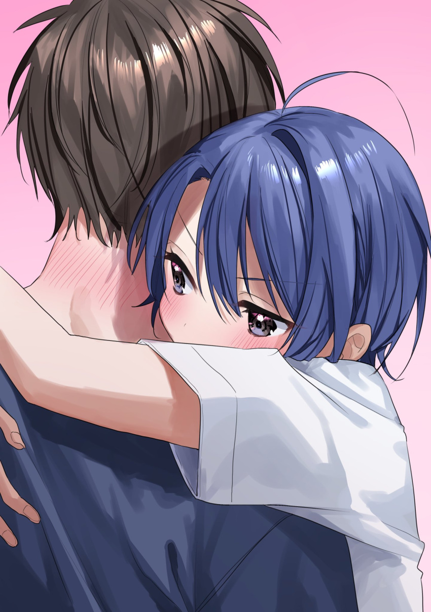 1boy 1girl ahoge black_eyes black_hair blue_hair blue_shirt chigusa_minori commentary_request gradient_background highres himeno_akira hug jitsuha_imouto_deshita. majima_ryouta neck_blush pink_background shirt short_hair upper_body white_shirt