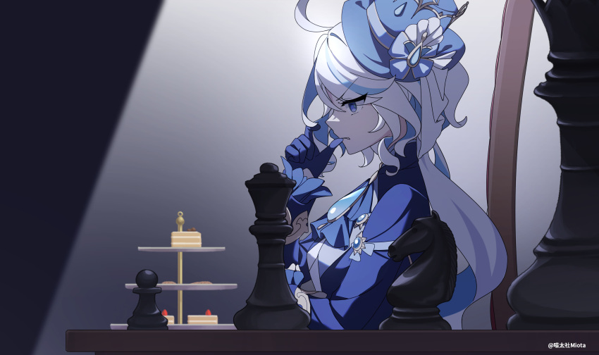 1girl absurdres ahoge ascot biting_own_finger blue_ascot blue_brooch blue_eyes blue_gloves blue_hair blue_headwear blue_jacket cake cake_slice cake_stand chess_piece commentary food from_side furina_(genshin_impact) genshin_impact gloves hat highres jacket light light_blue_hair long_hair long_sleeves looking_ahead miaotai_miota multicolored_hair rook_(chess) solo spotlight streaked_hair symbol-only_commentary top_hat upper_body v-shaped_eyebrows wavy_hair