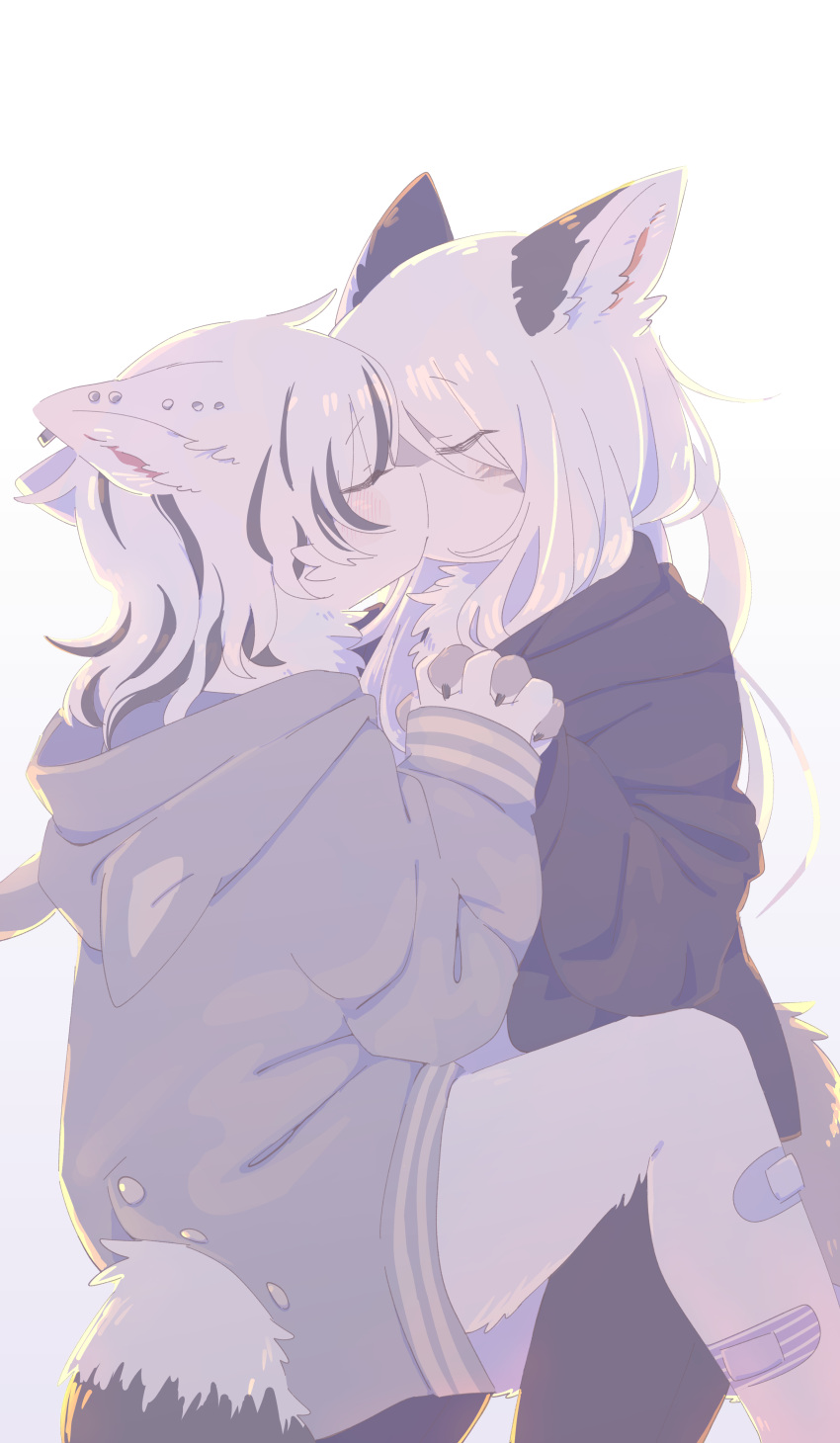 2021 absurd_res anthro blush canid canine claws clothing digital_media_(artwork) duo ear_piercing embrace eyes_closed female female/female female_anthro finger_claws fingers fur hair hand_holding hi_res hoodie kemono kissing mammal piercing romantic romantic_couple tail topwear youjyo1223