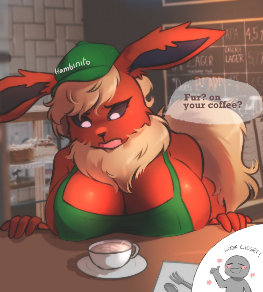 5_fingers anon anthro anthrofied apron apron_only beverage big_breasts black_sclera breast_rest breasts cleavage clothed clothing coffee coffee_cup coffee_shop container cup dialogue ears_down eeveelution female fingers flareon fluffy fluffy_tail fur generation_1_pokemon hambinito hat head_tuft headgear headwear hi_res huge_breasts looking_at_viewer mane markings milk multicolored_body nintendo open_mouth orange_body orange_fur pivoted_ears pokemon pokemon_(species) presenting solo speech_bubble tail tuft white_eyes