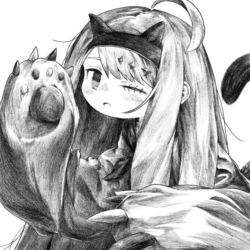 1girl ahoge alternate_costume blush cat_ear_hairband cat_tail expressionless fake_tail greyscale hands_up highres kilsturgeon long_hair looking_at_viewer monochrome namae_shirezu neckerchief one_eye_closed open_mouth paw_sleeves sidelocks simple_background solo sparkle_hair_ornament stitched_eye swept_bangs tail upper_body utau very_long_hair