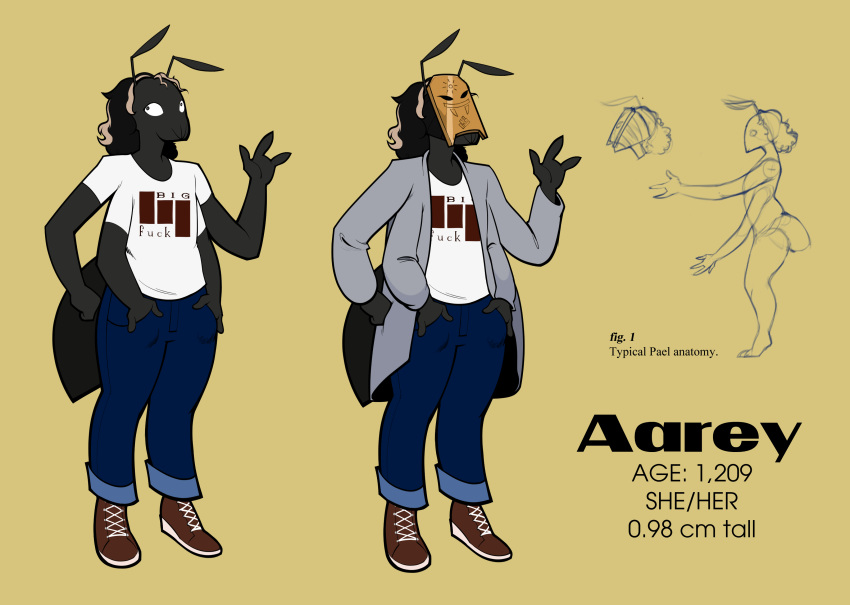 2023 4_arms aarey_veladd absurd_res antennae_(anatomy) anthro arthropod arthropod_abdomen black_hair blonde_hair blue_bottomwear blue_clothing blue_pants bottomwear cathodegaytube character_name clothing denim denim_clothing english_text female footwear grey_clothing grey_jacket grey_topwear hair hand_in_pocket hi_res insect jacket jeans mandibles mask model_sheet multi_arm multi_limb pael pants pockets pronouns red_clothing red_footwear red_shoes shirt shoes side_view simple_background solo stated_age t-shirt text text_on_clothing text_on_shirt text_on_topwear topwear white_clothing white_shirt white_topwear yellow_background