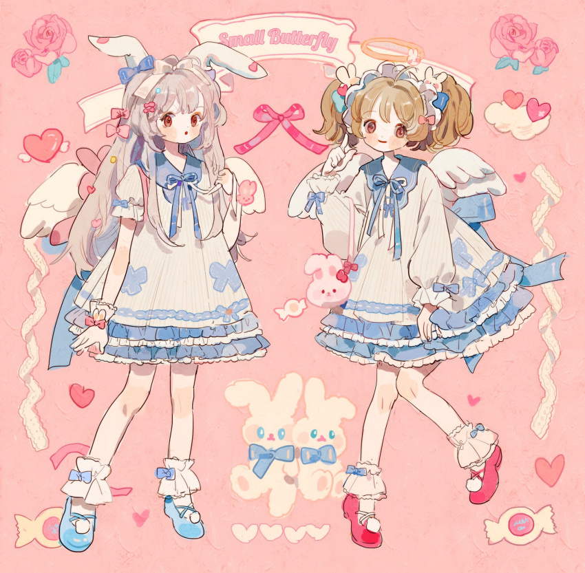 2girls :o ahoge angel angel_wings animal_bag animal_ears ankle_cuffs back_bow bag blue_bow blue_bowtie blue_footwear blue_sailor_collar blush_stickers bow bow_legwear bow_print bowtie brown_hair candy closed_mouth cloud collared_dress commentary cross-laced_footwear dress english_commentary english_text floppy_ears flower food frilled_dress frilled_sleeves frills full_body gloves grey_hair hair_bow hair_flower hair_ornament hairclip halo heart heart_hair_ornament highres lace-trimmed_gloves lace-trimmed_ribbon lace-trimmed_sleeves lace_trim long_hair long_sleeves mary_janes multiple_girls multiple_hair_bows open_mouth original pink_background pink_bag pink_bow pink_bracelet pink_eyes pink_flower pink_footwear pom_pom_(clothes) puffy_long_sleeves puffy_short_sleeves puffy_sleeves putong_xiao_gou rabbit_bag rabbit_ears rabbit_hair_ornament red_lips ribbon ribbon-trimmed_dress sailor_collar shoes short_dress short_sleeves sidelocks single_glove sleeve_bow smile socks straight_hair striped striped_dress stuffed_animal stuffed_rabbit stuffed_toy tote_bag twintails vertical-striped_dress vertical_stripes white_bow white_bowtie white_dress white_gloves white_headdress white_ribbon white_socks white_wings winged_heart wings wrist_bow yellow_halo