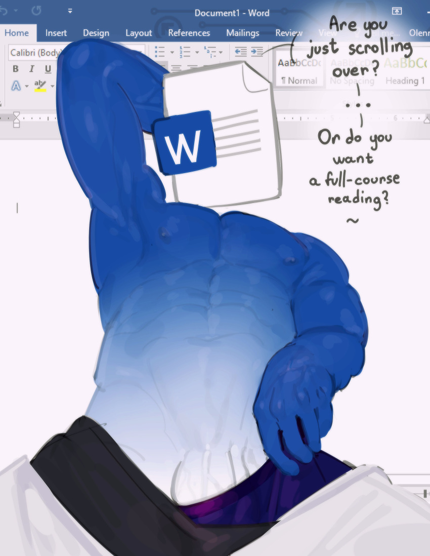 abs absurd_res blue_body blue_nipples blue_skin bottomwear bottomwear_down clothed clothing dialogue for_a_head genitals hi_res humanoid kogito low-angle_view male microsoft microsoft_word muscular muscular_male nipples not_furry object_head pants pants_down partially_clothed pecs penis raised_arm solo speech_bubble topless topless_male vein veiny_penis worm's-eye_view