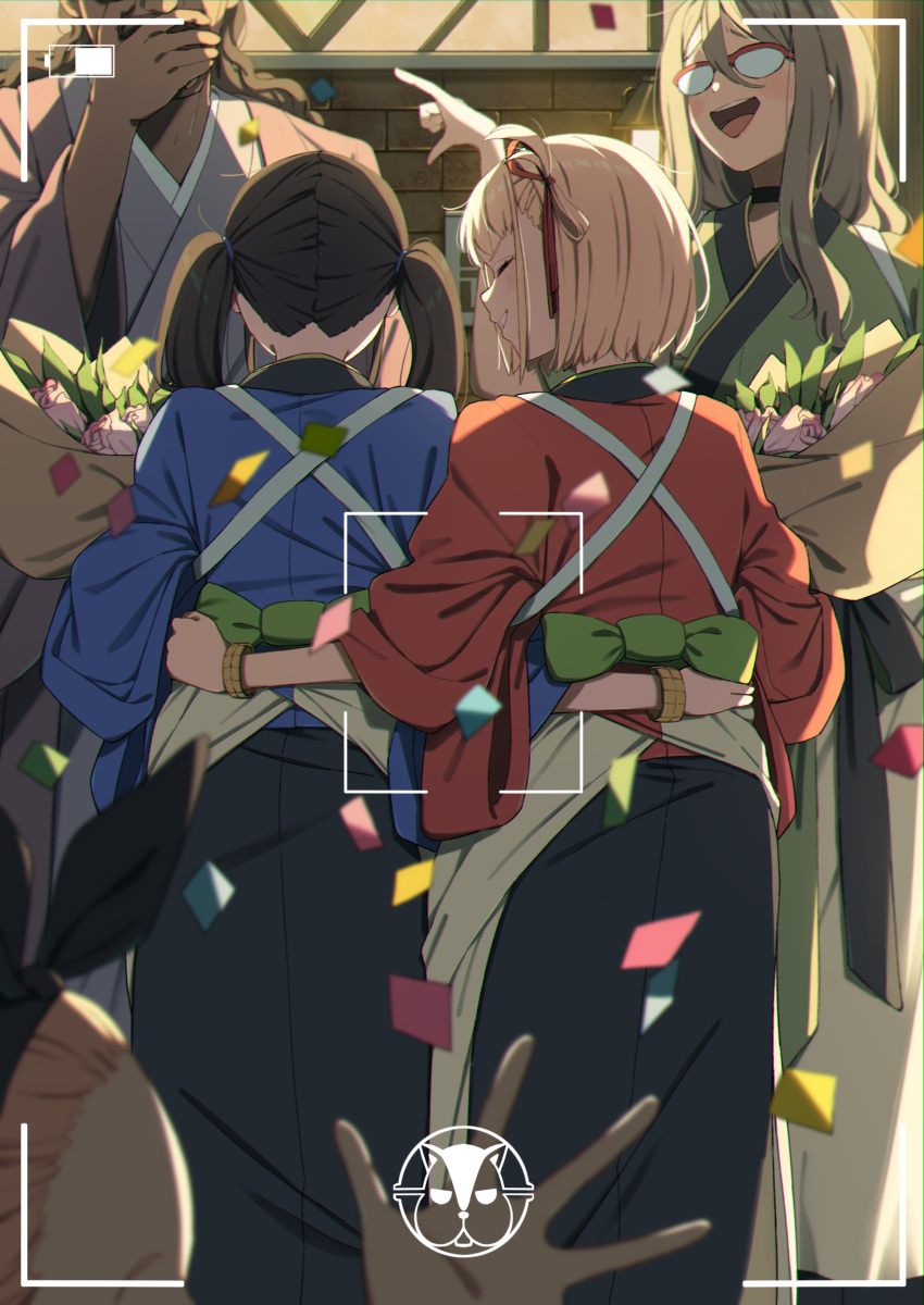 1boy 4girls absurdres arm_around_waist back_bow battery_indicator black_hair black_ribbon black_skirt blonde_hair blue_kimono blurry bob_cut bouquet bow bracelet brown_hair closed_eyes commentary_request confetti covering_mouth depth_of_field flower glasses green_bow green_kimono grey_kimono hair_ribbon hairband highres holding holding_bouquet hug inoue_takina japanese_clothes jewelry kimono kurumi_(lycoris_recoil) long_hair lycoris_recoil lycoris_uniform mika_(lycoris_recoil) mochi_(m0chi0000) multiple_girls nakahara_mizuki nishikigi_chisato obi one_side_up open_mouth pink_flower pointing red_kimono ribbon sash short_hair skirt smile teeth twintails upper_teeth_only viewfinder wedding wide_sleeves wife_and_wife yuri
