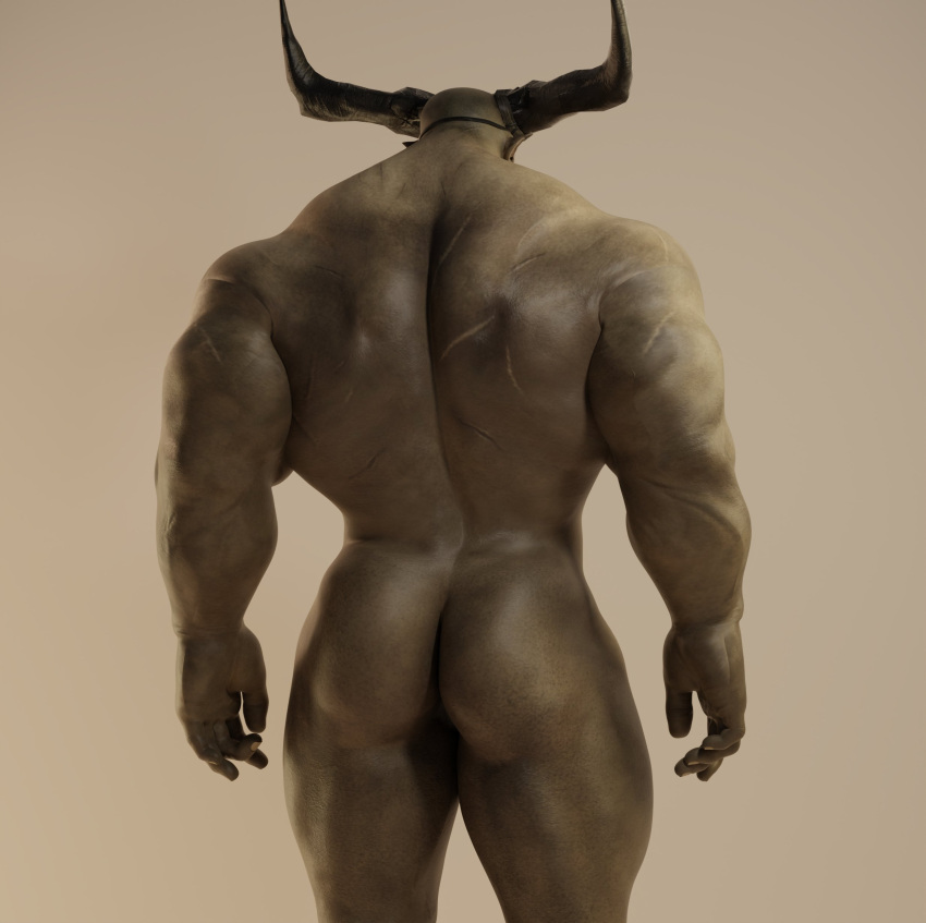 2_horns absurd_res back_muscles dragon_age hi_res horn humanoid iron_bull male muscular muscular_male qunari rear_view scar solo voluox