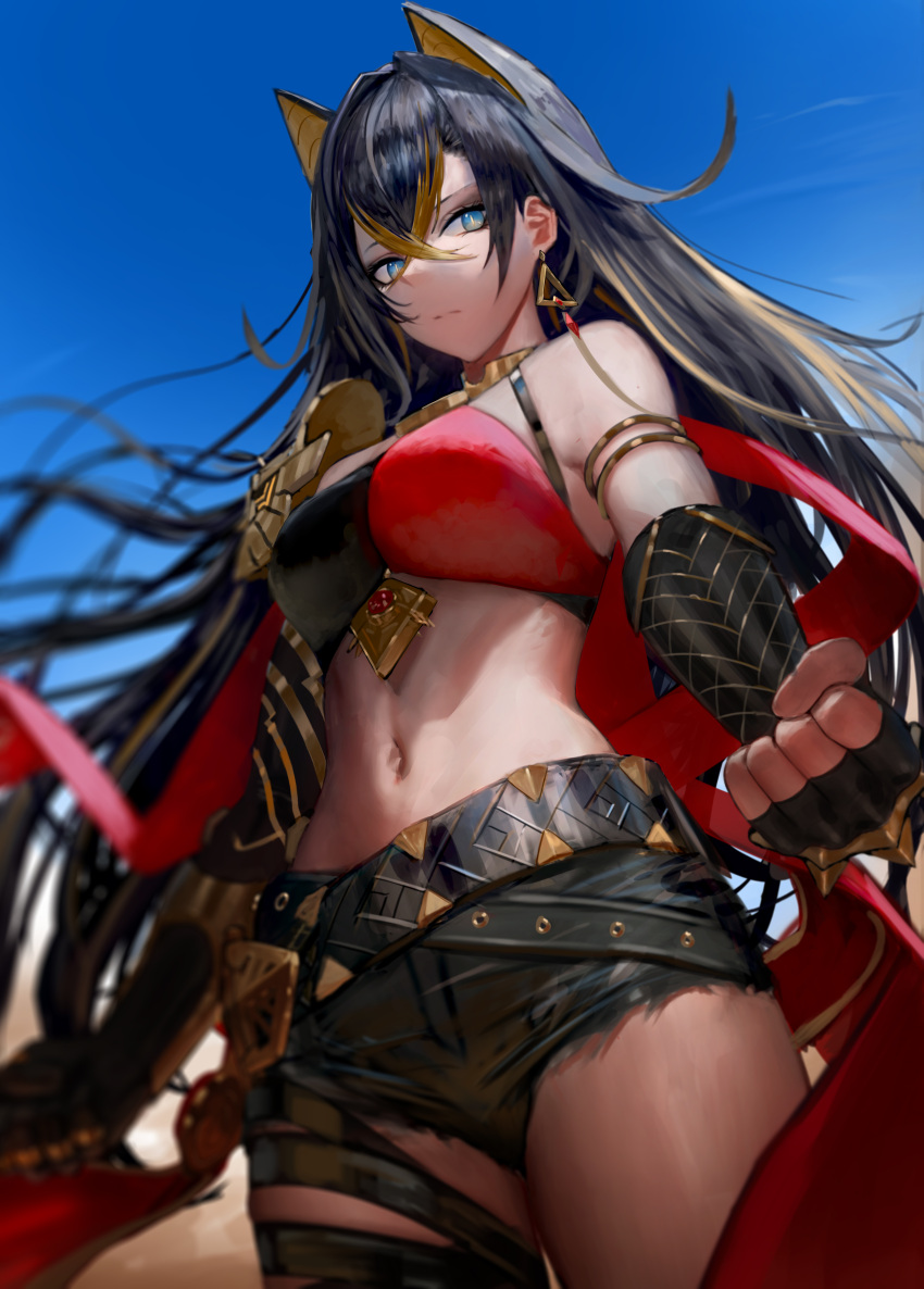 1girl absurdres arm_armor armlet asymmetrical_clothes bangs bare_shoulders belt black_belt black_gloves black_hair blonde_hair blue_eyes blue_sky breasts capelet clenched_hands criss-cross_halter crossed_bangs crossed_belts dangle_earrings dark-skinned_female dark_skin dehya_(genshin_impact) earrings elbow_gloves expressionless ganet_p gem genshin_impact gloves gold_choker hair_between_eyes hair_ears hair_intakes halterneck highres jewelry large_breasts long_hair looking_at_viewer multicolored_hair multiple_thigh_straps navel outdoors pants red_capelet red_gemstone single_earring sky solo stomach streaked_hair thigh_strap thighs torn_clothes torn_pants tsurime two-tone_hair yellow_pupils