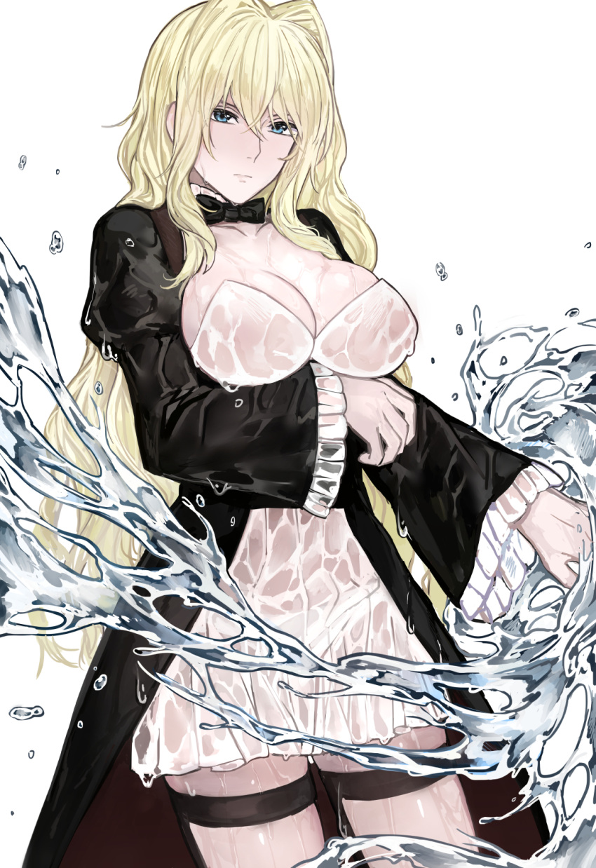 1girl arm_under_breasts black_bow black_bowtie blonde_hair blue_eyes bow bowtie breasts collarbone commentary cowboy_shot dress frilled_sleeves frills hair_between_eyes hair_intakes highres juliet_sleeves large_breasts long_hair long_sleeves looking_at_viewer puffy_sleeves see-through sekirei serious simple_background solo thigh_strap tsukiumi very_long_hair water water_drop wet wet_clothes white_background wide_sleeves zakirsiz