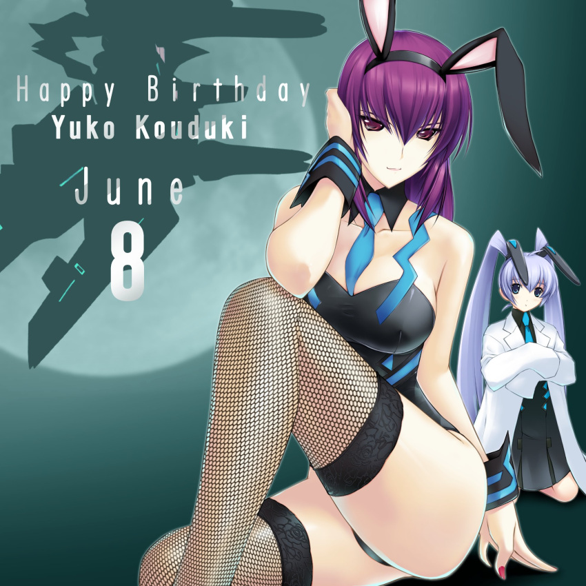 2girls animal_ears fake_animal_ears fishnet_thighhighs fishnets highres kouzuki_yuuko mecha miyata_sou multiple_girls muvluv muvluv_alternative official_art photoshop_(medium) playboy_bunny rabbit_ears robot thighhighs xg-70d_susanoo_iv yashiro_kasumi