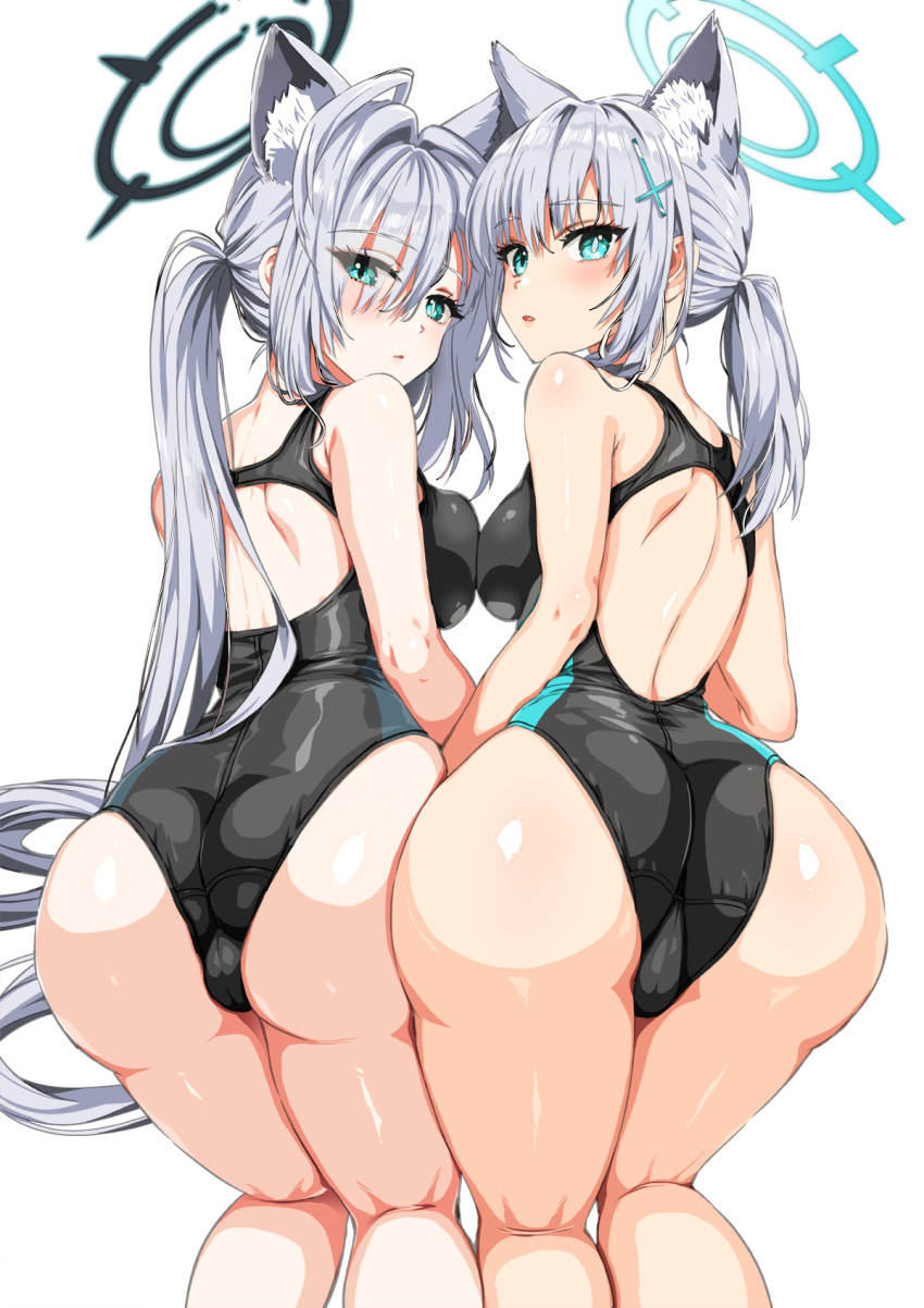 2girls ahoge all_fours animal_ear_fluff animal_ears ass ass_focus back bare_shoulders black_one-piece_swimsuit blue_archive blue_eyes blue_halo blush breast_press breasts broken_halo cameltoe competition_swimsuit cross cross_hair_ornament extra_ears from_behind grey_hair hair_ornament halo highres inverted_cross kneepits kojima_saya long_hair looking_at_viewer looking_back low_ponytail medium_breasts medium_hair mismatched_pupils multicolored_clothes multicolored_swimsuit multiple_girls official_alternate_costume one-piece_swimsuit shiroko_(blue_archive) shiroko_(swimsuit)_(blue_archive) shiroko_(terror)_(blue_archive) simple_background swimsuit take_your_pick two-tone_swimsuit very_long_hair white_background wolf_ears