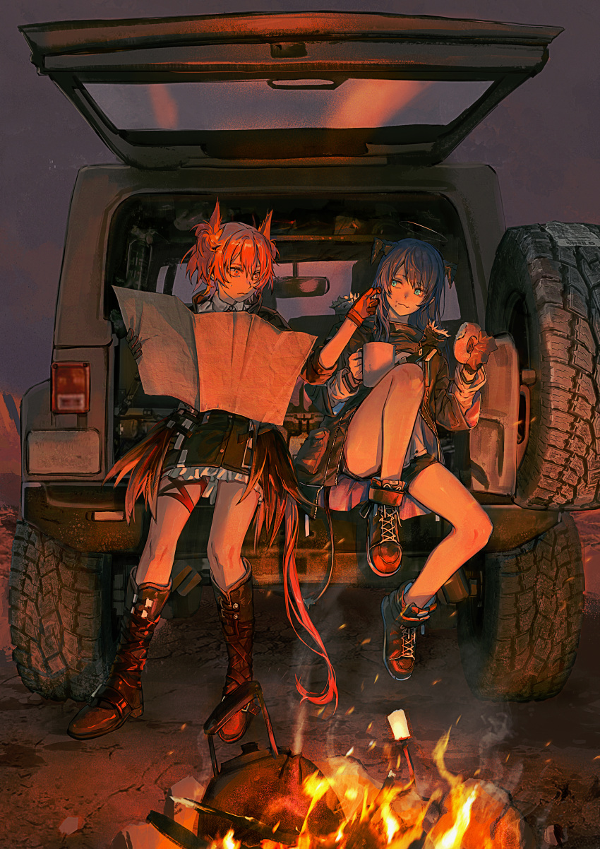 2girls absurdres animal_ears aqua_eyes arknights bird_ears bird_girl black_halo black_jacket blue_hair campfire car car_trunk dark_halo deatiose demon_horns demon_tail doughnut dusk eating feather_hair fiammetta_(arknights) food fur-trimmed_hood fur-trimmed_jacket fur_trim halo hand_on_another's_cheek hand_on_another's_face highres holding holding_map hood horns jacket jeep_(company) jeep_wrangler kettle long_hair map mostima_(arknights) motor_vehicle multiple_girls red_eyes red_hair sitting sports_utility_vehicle tail very_long_hair