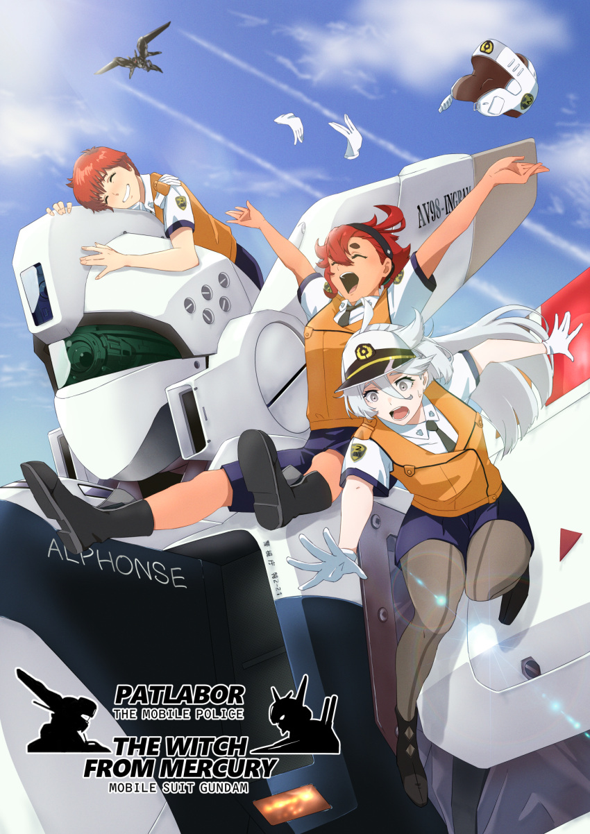 3girls alphonse_(av-98_ingram) black_hairband blue_sky buchi_holes closed_eyes copyright_name crossover english_text gloves grey_eyes grin gundam gundam_suisei_no_majo hairband hat helmet highres izumi_noa kidou_keisatsu_patlabor long_hair mecha miorine_rembran multiple_girls orange_hair police police_uniform policewoman red_hair robot short_hair sky slipping smile suletta_mercury takatoshi trait_connection type_j-9_griffon uniform white_gloves white_hair