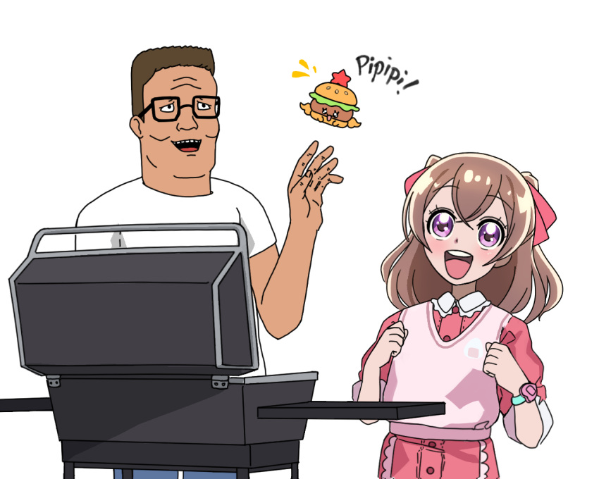 1boy 1girl brown_hair burger clenched_hands crossover delicious_party_precure english_text ffgghhjj floating floating_object food glasses grill hair_ribbon hank_hill happy king_of_the_hill looking_at_object nagomi_yui open_mouth precure purple_eyes ribbon smile sweater watch white_background