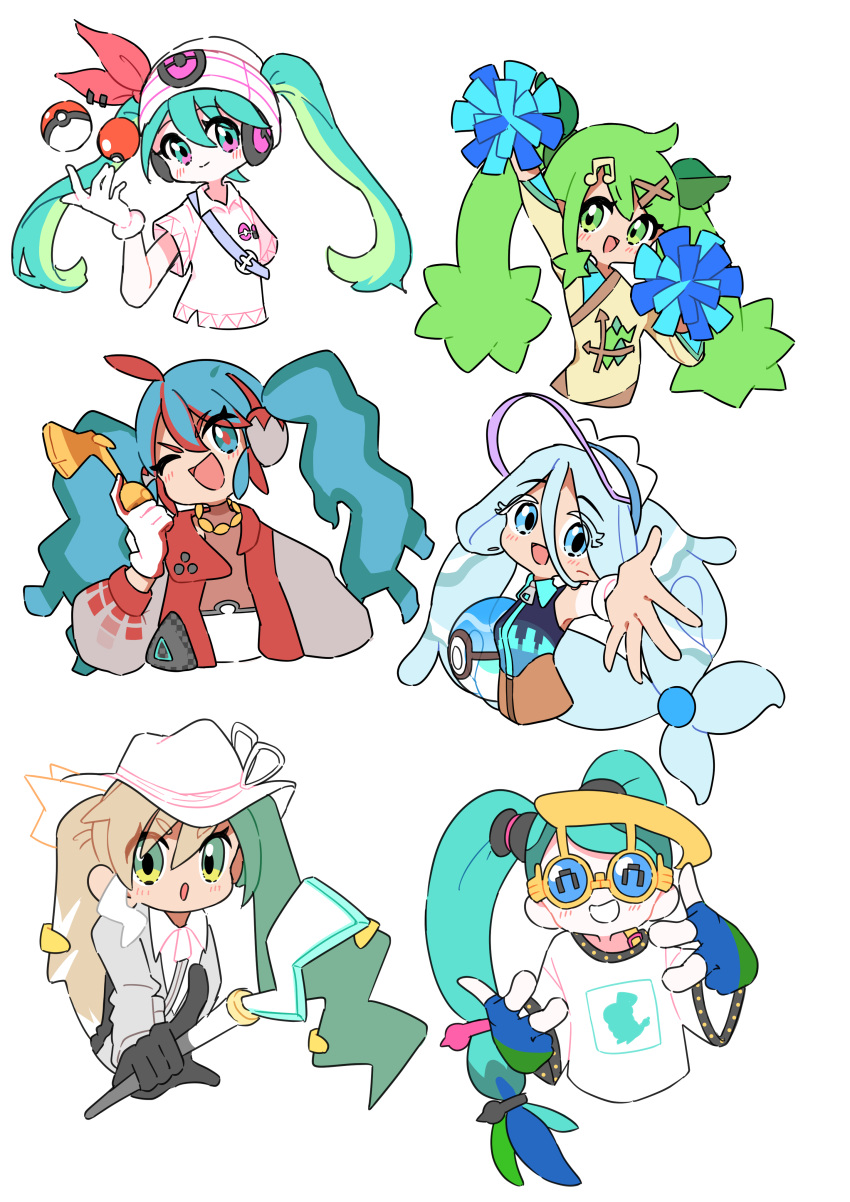 6+girls absurdres beanie black_gloves blue-tinted_eyewear blue_eyes blue_footwear blue_hair cheerleader colored_eyelashes dive_ball electric_miku_(project_voltage) eyelashes fingerless_gloves fire_miku_(project_voltage) gloves grass_miku_(project_voltage) green_eyes grey_shirt hair_between_eyes hair_ornament hat hatsune_miku highres jacket long_hair long_sleeves matsuri_iv multicolored_hair multiple_girls musical_note musical_note_hair_ornament normal_miku_(project_voltage) one_eye_closed open_mouth poke_ball poke_ball_(basic) pokemon pom_pom_(cheerleading) project_voltage psychic psychic_miku_(project_voltage) reaching reaching_towards_viewer red_jacket red_pubic_hair shirt short_sleeves simple_background sleeveless sleeveless_shirt split-color_hair t-shirt tinted_eyewear two-tone_hair visor_cap vocaloid water_miku_(project_voltage) white_background white_gloves white_headwear white_wristband