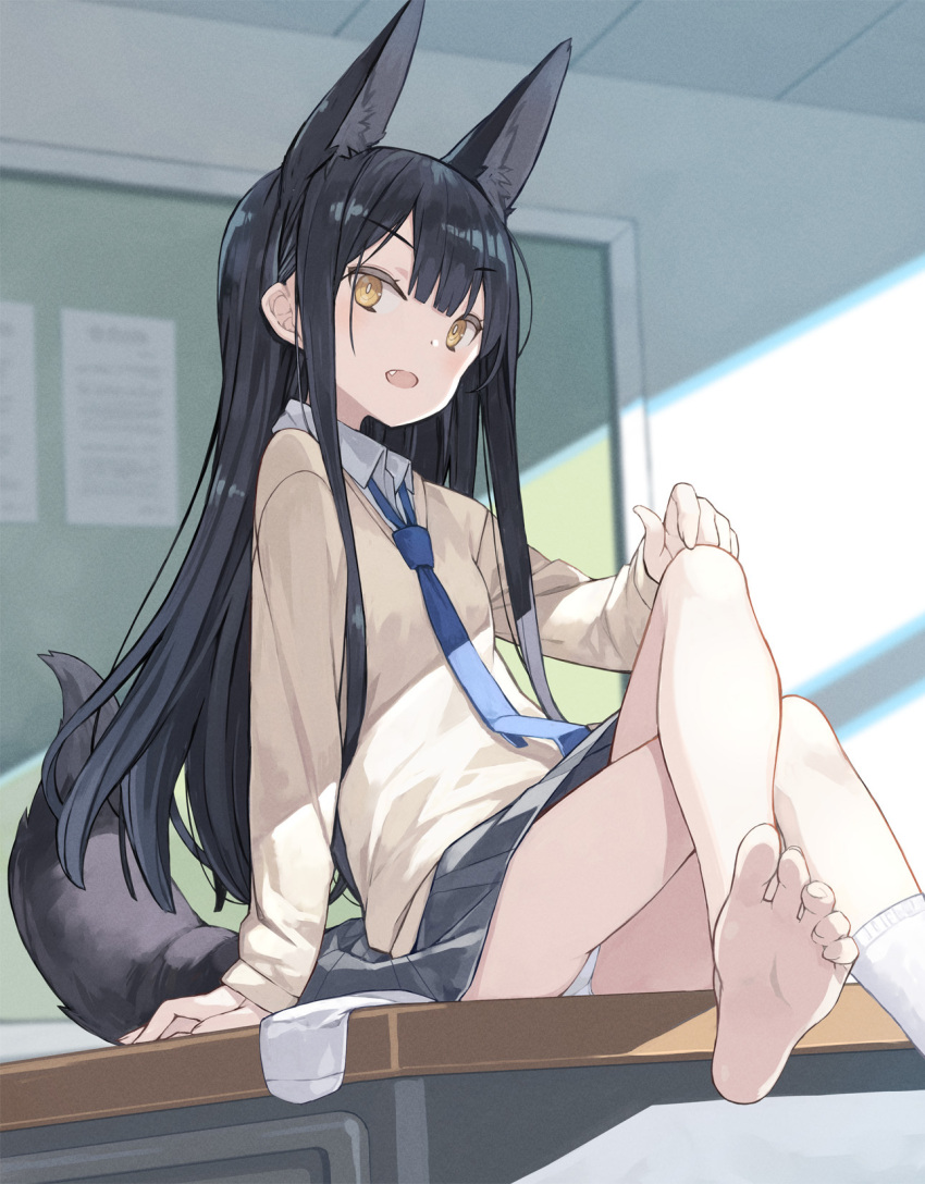 1girl animal_ear_fluff animal_ears arm_support black_hair black_skirt blue_necktie blurry blurry_background bright_pupils bulletin_board collared_shirt commentary crossed_legs day desk dot_nose fang feet foot_out_of_frame fox_ears fox_girl fox_tail hand_on_own_knee highres indoors kuromitsu_nene long_hair long_sleeves looking_at_viewer loose_necktie necktie on_desk open_mouth original panties pantyshot poco_(asahi_age) school_uniform shirt single_sock sitting sitting_on_desk skirt socks socks_removed soles solo sunlight sweater tail toe_scrunch toenails toes underwear very_long_hair white_panties white_pupils white_shirt white_socks yellow_eyes yellow_sweater
