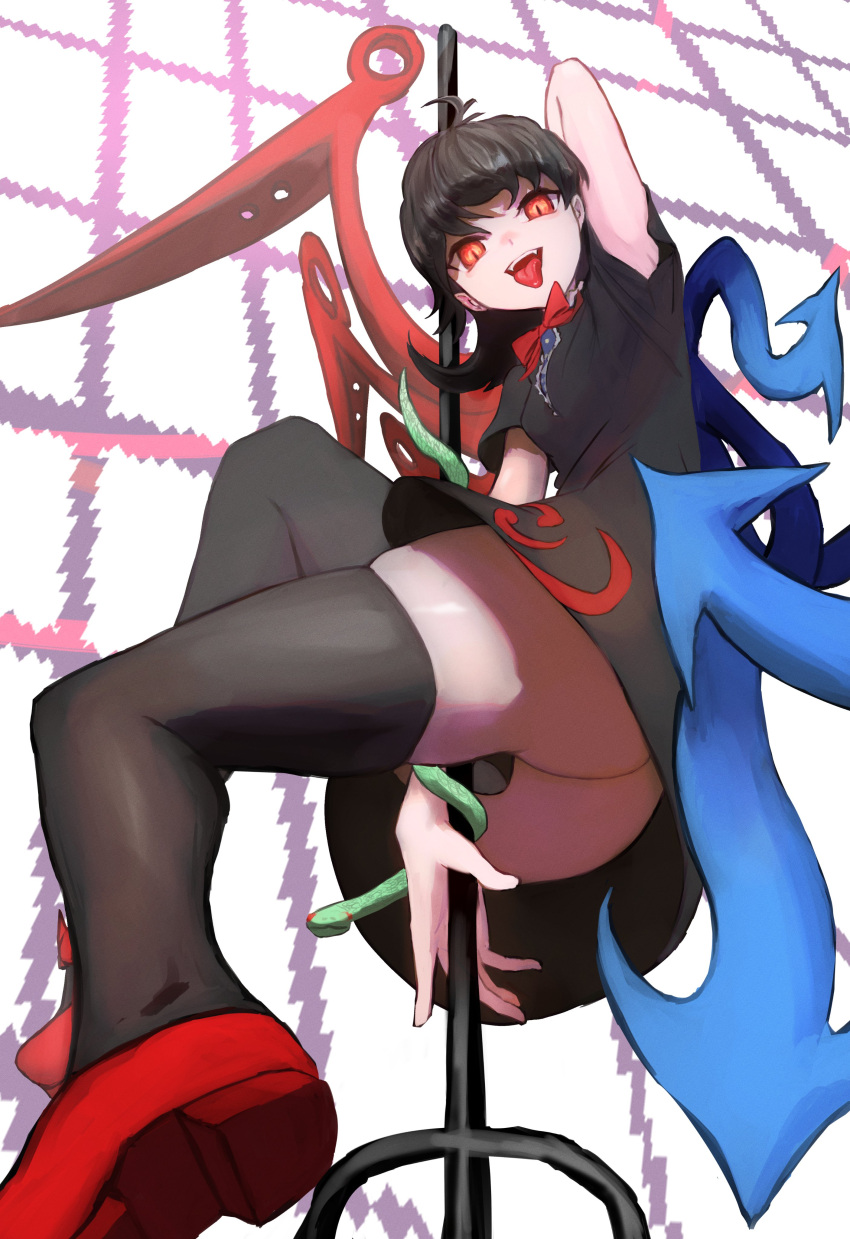 1girl absurdres arm_up ass asymmetrical_wings black_dress black_hair black_thighhighs bow bowtie breasts cowlick dress from_below highres houjuu_nue long_hair looking_at_viewer mizuki_0630 open_mouth red_bow red_bowtie red_eyes short_sleeves skindentation slit_pupils small_breasts solo thighhighs tongue tongue_out touhou upskirt wings