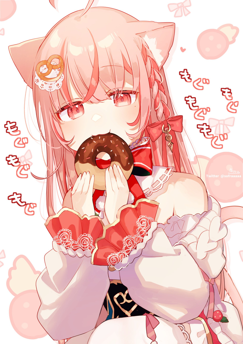 1girl absurdres ahoge animal_ear_fluff animal_ears bare_shoulders blush braid cat_ears cat_girl cat_tail commentary_request doughnut eating food hair_between_eyes hair_ornament hands_up highres holding holding_food long_sleeves mole mole_under_eye multicolored_hair off-shoulder_shirt off_shoulder original pink_hair puffy_long_sleeves puffy_sleeves red_eyes red_hair shirt simple_background sleeves_past_wrists sofra solo streaked_hair tail thighhighs translation_request white_background white_shirt white_thighhighs