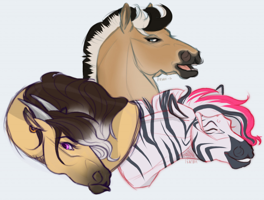 ambiguous_gender black_mane blue_eyes brown_mane ear_piercing ear_ring equid equine eyes_closed feral grey_horn grin group horn horse huskii-s mammal mane mouth_closed narrowed_eyes piercing pink_eyes ring_piercing smile tan_body trio white_mane zebra