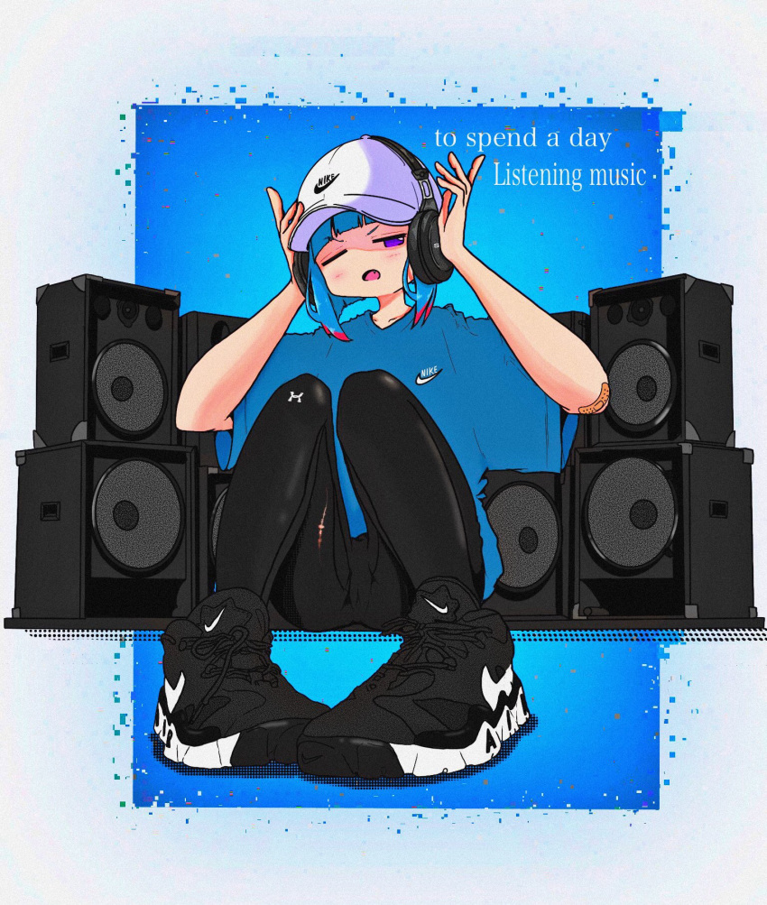 1girl bandaid bandaid_on_arm baseball_cap black_footwear black_leggings blue_background blue_hair blue_shirt blunt_bangs border colored_tips commentary english_text fang full_body hands_on_headphones hands_up hat headphones highres knees_up leggings listening_to_music looking_at_viewer medium_hair multicolored_hair nao97122 nike one_eye_closed open_mouth original outside_border purple_eyes shirt shoes short_sleeves sitting sneakers solo speaker streetwear symbol-only_commentary t-shirt under_armour white_border white_headwear