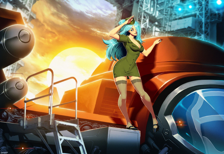 1girl aqua_hair back_cover blue_eyes breasts cloud cover curvy genzoman hat launch_pad legs light long_hair looking_at_viewer machinery military military_uniform missile neo_xyx official_art promotional_art salute science_fiction shoes skirt spacecraft starfighter sun uniform